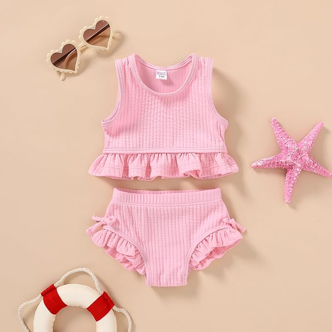 HAPPYMA Baby Swimsuit Toddler Girl Bathing Suit Summer Solid Color Bikini Set Beach Two Piece Swim Wear