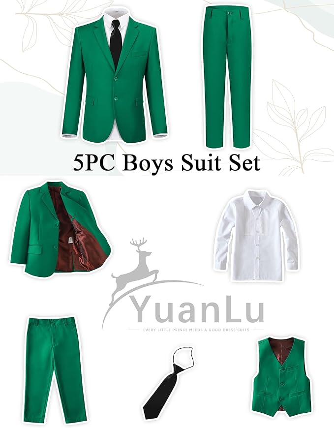 YuanLu Boys Suit for Kids Tuxedo Wedding Ring Bearer Outfit, 5 Piece Boy Slim Fit Formal Suits with Adjustable Waist