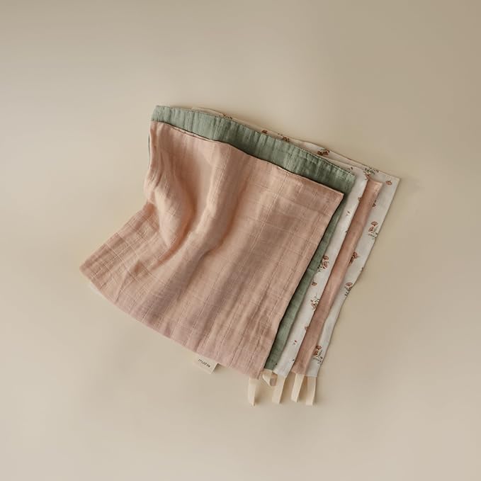 mushie Muslin Organic Cotton Washcloths 5-Pack (Pink Flowers Combo) | Soft Wipes for Baby Cleanups and Bathing