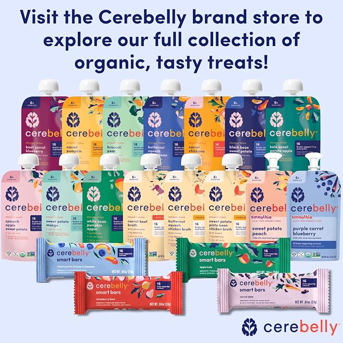 Cerebelly Organic Baby Food Pouches, Broccoli Pear Purees, 16 Nutrients, No Added Sugar, Fiber & Non-GMO, 4oz, 12 Pack