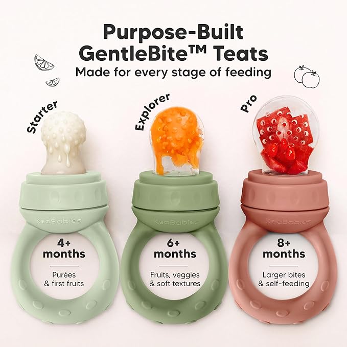 KeaBabies Baby Fruit Feeder 2pk - Silicone Baby Food Feeder for Babies 6-12 Months, Breast Milk Popsicle for Teething, Weaning, Freeze Frozen Solid Food, BPA-Free Infant Feeding Essential (Soft Fern)