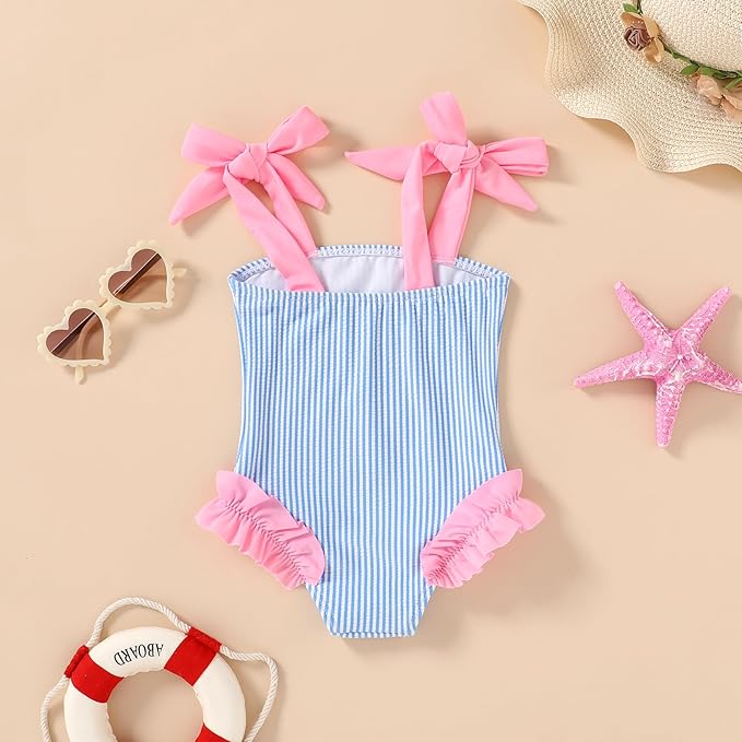 Happy Town Toddler Swimsuit Girl Solid Color Stripe One-Piece Baby Bathing Suits