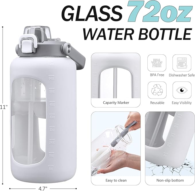 72oz Glass Water Bottle with 2-IN-1 Straw &Chug Lid, Large Motivational Glass Bottle with Capacity Marker and Silicone Sleeve, 2.1Liter Gallon Water Jug for Home, Sports, Gym, BPA Free-White