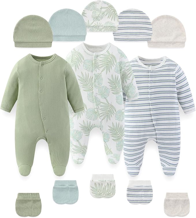 Fashion Baby Boy Girl Clothing Set Cotton Soft 3-Piece Long Sleeve Button Rompers 5-Pack Hats&Gloves Infant Clothes