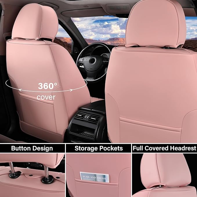 Coverado Car Seat Covers Full Set, Nappa Leather Seat Covers for Cars, Waterproof Car Seat Covers Front Seats and Back, Automotive Car Seat Protector Car Seat Cushion Fit for Most Cars (Pink&Grey)