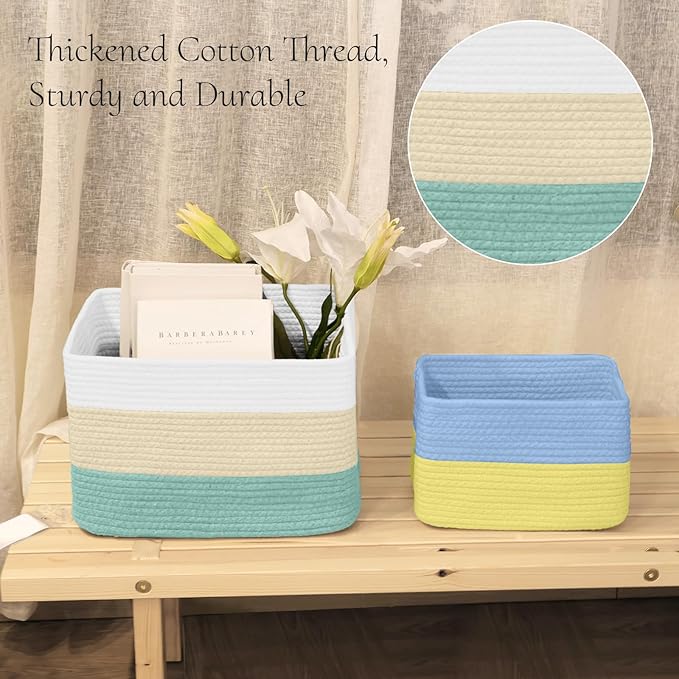 Hopegiver Storage Baskets for Organizing with Handle, Woven Baskets for Shelves - Durable Gift Basket for Cloth Toys Books Baby, Cotton Rope Basket for Dog Cat, 15x11x10 Inch(White&Cream&Green)