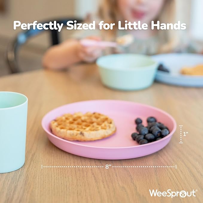 WeeSprout Bamboo Plates with Silicone Lids, Set of 4, Kid-Sized Dinnerware, Cereal, Leftovers & Snacks, Dishwasher Safe Melamine Dishware (Blue, Yellow, Orange, and Red)
