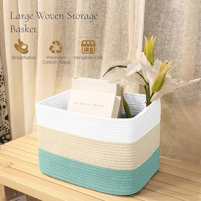 Hopegiver Storage Baskets for Organizing with Handle, Woven Baskets for Shelves - Durable Gift Basket for Cloth Toys Books Baby, Cotton Rope Basket for Dog Cat, 15x11x10 Inch(White&Cream&Green)