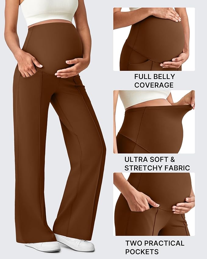 G4Free Maternity Dress Yoga Pants with Pockets Over The Belly Stretchy Work Slack Pregnancy Wide Leg Lounge Trousers