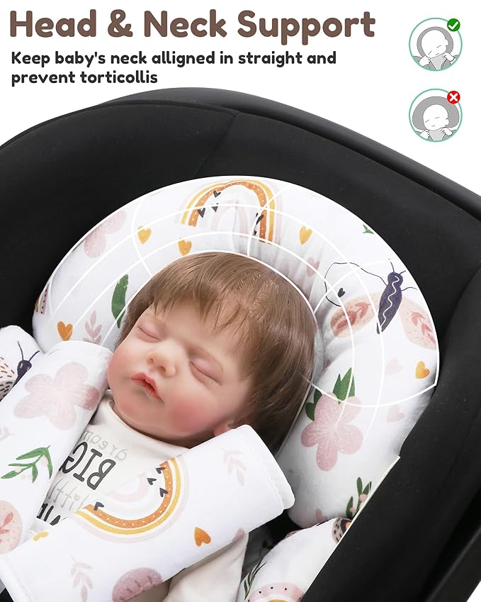 Infant Insert, Enlarged Head Support for Baby, Reversible Newborn Insert with 3 Strap Covers, 2-in-1 Baby Cushion for Stroller, Swing, Bouncer, Rocker - Brown Rainbow