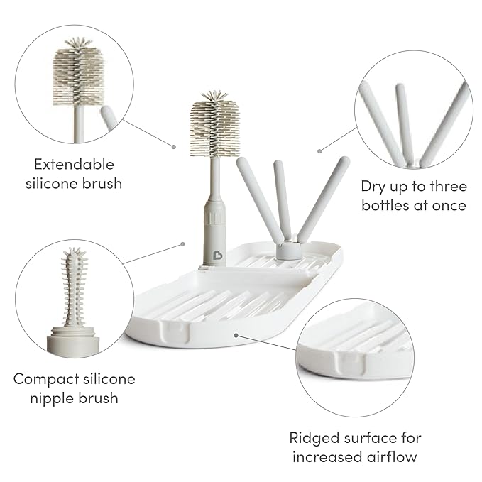 Munchkin® Travel Baby Bottle Drying Rack with Silicone Bottle Brush - Compact and Foldable, Fits Easily in Diaper Bags for On-The-Go Use