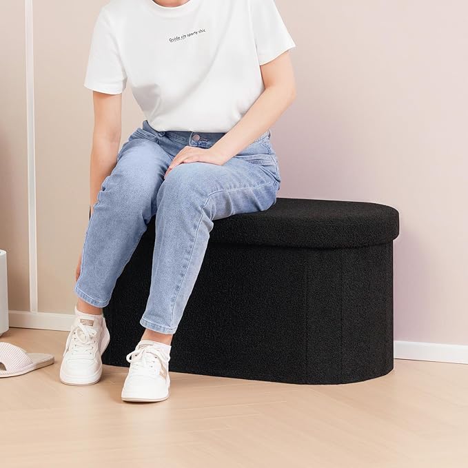 B FSOBEIIALEO Ottoman with Storage for Living Room, Sherpa Folding Storage Ottoman Foot Rest, 30 Inches Collapsible Bedroom Bench Black