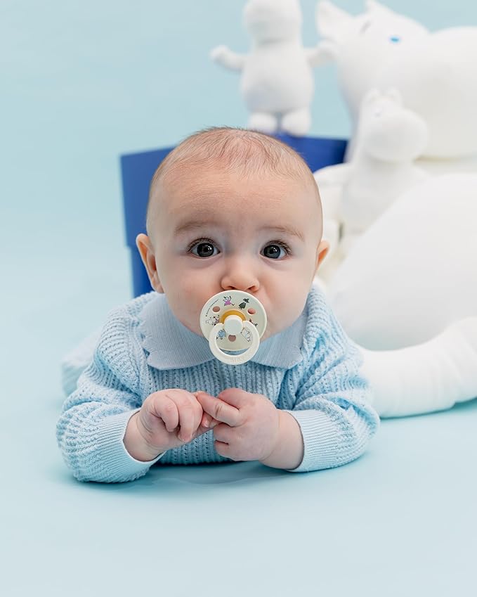 BIBS Colour Moomins Pacifier 2-Pack, BPA Free Pacifier, Round Nipple. Natural Rubber Latex, Made in Denmark, Size 2 (6-18 Months), Breeze/Deep Space