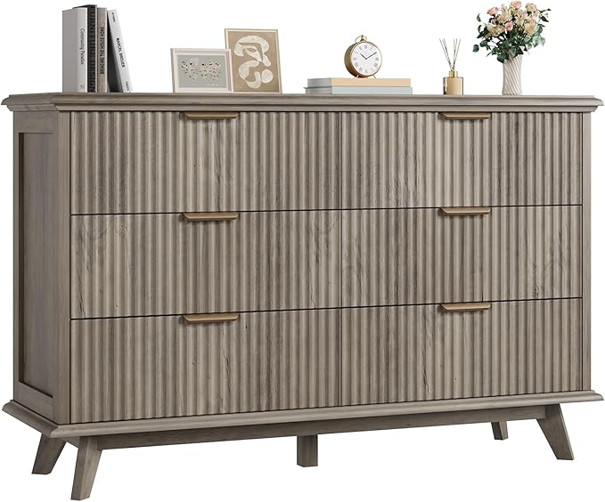 QUW Fluted Dresser for Bedroom with 6 Drawers, 47.2" Wide Modern Chest of Drawers with Metal Handle, Wooden Dresser TV Stand and Closet Clothes Storage Organizer for Living Room, Hallway, Grey