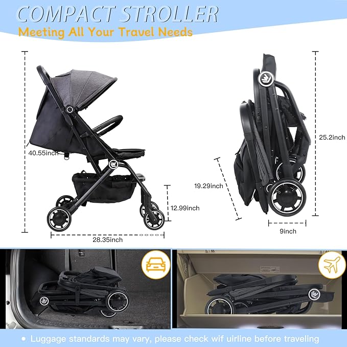 Lightweight Baby Stroller, Compact Travel Stroller with Retractable Foot Cover & Sleep Shade, One Hand Easy Foldable Strollers, Adjustable Reclining Seat for 0-36 Months