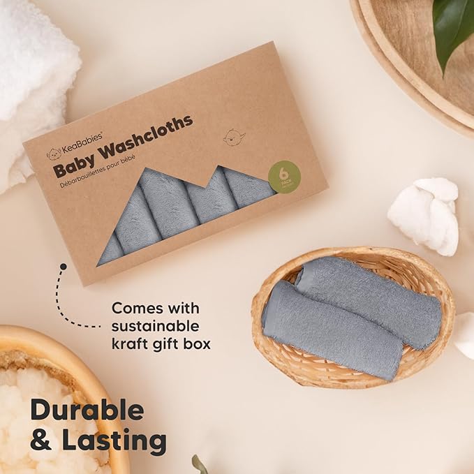 6-Pack Baby Washcloths - Soft Absorbent Viscose from Bamboo Wash Cloths for Babies, Kids, Toddlers, Infant, Newborn Bath Towels, Gentle on Sensitive Skin, 10x10 Reusable Face Towels (Cool Gray)
