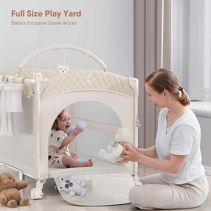 4 in 1 Baby Bassinet, Pack and Play, Bedside Crib Sleeper, Diaper Changer - Comes with Mattress, Mosquito Net, Bottom Storage and Toy Bar for Newborn to Toddles