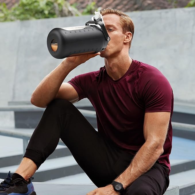 72oz Glass Water Bottle with 2-IN-1 Straw &Chug Lid, Large Motivational Glass Bottle with Capacity Marker and Silicone Sleeve, 2.1Liter Gallon Water Jug for Home, Sports, Gym, BPA Free-Black