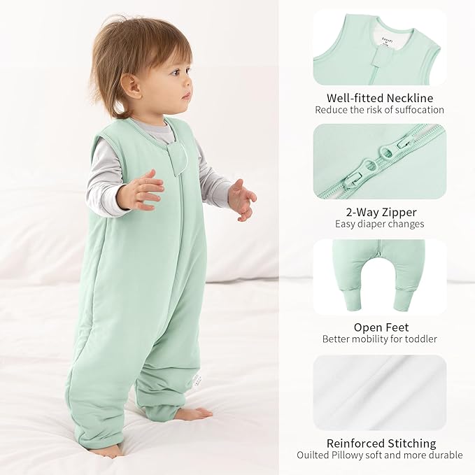 Rayon Made From Bamboo Sleep Sack 12-24 Months 0.5 Tog Ultra Soft Summer Toddler Sleep Sack 1t-2t with Feet 2-Way Zipper Lightweight Sleeping Bag Baby Wearable Blanket (2 Pack)-Green & Gray