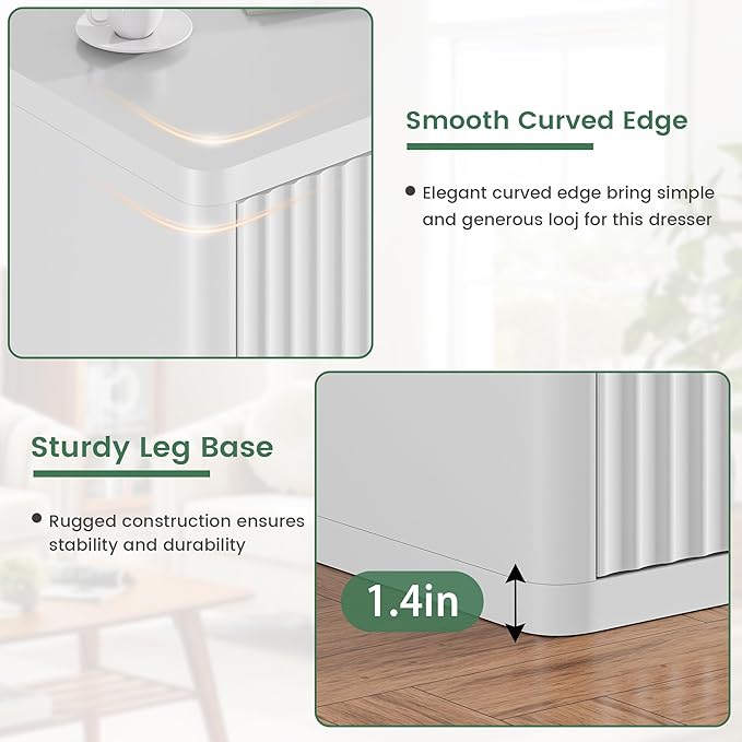 White 8 Drawer Dresser, Modern Fluted Dressers & Chest of Drawers for Bedroom, 48" Wide Dresser TV Stand with Deep Drawer, Curved Profile, Wood Organizer for Bedroom, Living Room, Hallway