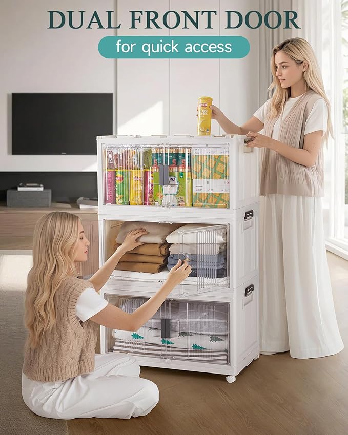 OlarHike 97QT Stackable Storage Bins with Lids - Folding Storage Box with Doors and Wheels, Collapsible Plastic Storage Drawers for Closets, 5 Pack Cubes