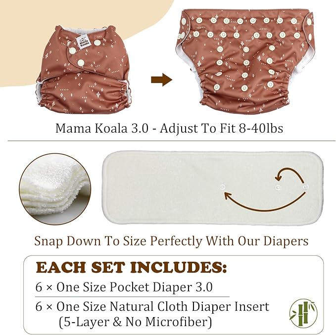 Mama Koala 3.0 Pocket Cloth Diapers for Babies with AWJ Lining, 6 Pack with 6 5-Layer Natural Cloth Diaper Inserts - Reusable and Washable Pocket Diapers(A-Calm Spring)