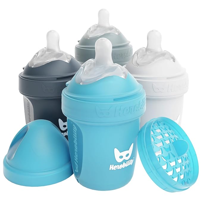 Herobility Double Anti-Colic Baby Bottles – 5 fl oz/140ml – 4-Pack – Multicolor - White, Gray, Iron Blue, Blue