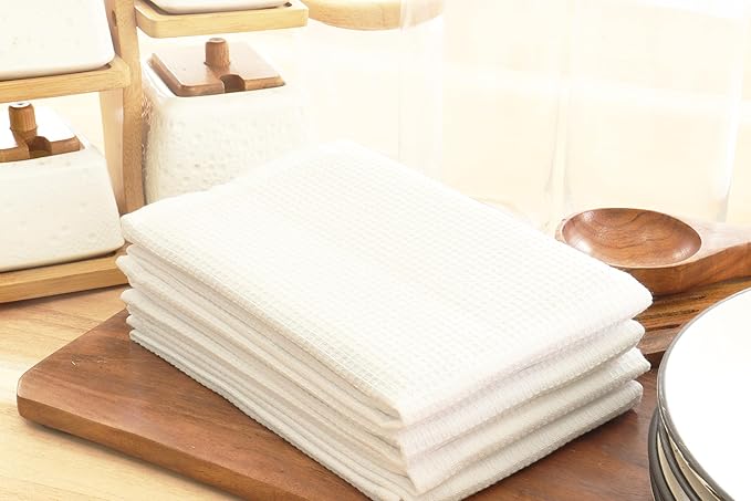 PurpleEssences Waffle Weave Kitchen Towel, 100% Cotton - 15 x 25 Inches, with Hanging Loop Ultra Soft Absorbent Quick Drying Dish Cloth, Tea and Hand Towels, 6 Pack - Fall Thanksgiving - White