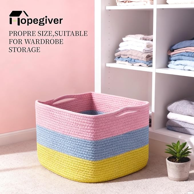 Hopegiver Storage Baskets for Organizing with Handle, Woven Baskets for Shelves - Durable Gift Basket for Cloth Toys Books Baby, Cotton Rope Basket for Dog Cat, 15x11x10 Inch(Pink&Blue&Yellow)