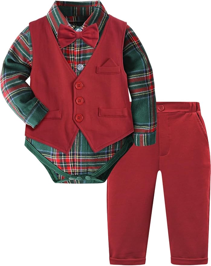 A&J DESIGN Baby Boy Suits Clothes Infant Toddler Formal Gentleman Outfits, Dress Shirt + Vest + Bow Tie + Pants Wedding Set