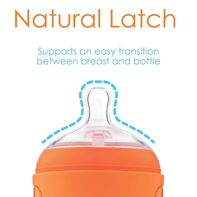 PopYum 9 oz Orange Anti-Colic Formula Making/Mixing/Dispenser Baby Bottles, 2-Pack with #2 Medium Flow Nipples, 260 ml, BPA-Free, Natural Latch