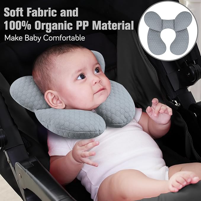 KAKIBLIN Baby Travel Pillow, Upgraded Baby Neck Pillows for Car Seat, Babies Support Pillow, Infant Neck Pillow for Head and Neck, Newborn Head Support for Car Seat,Pushchair (Light Grey)