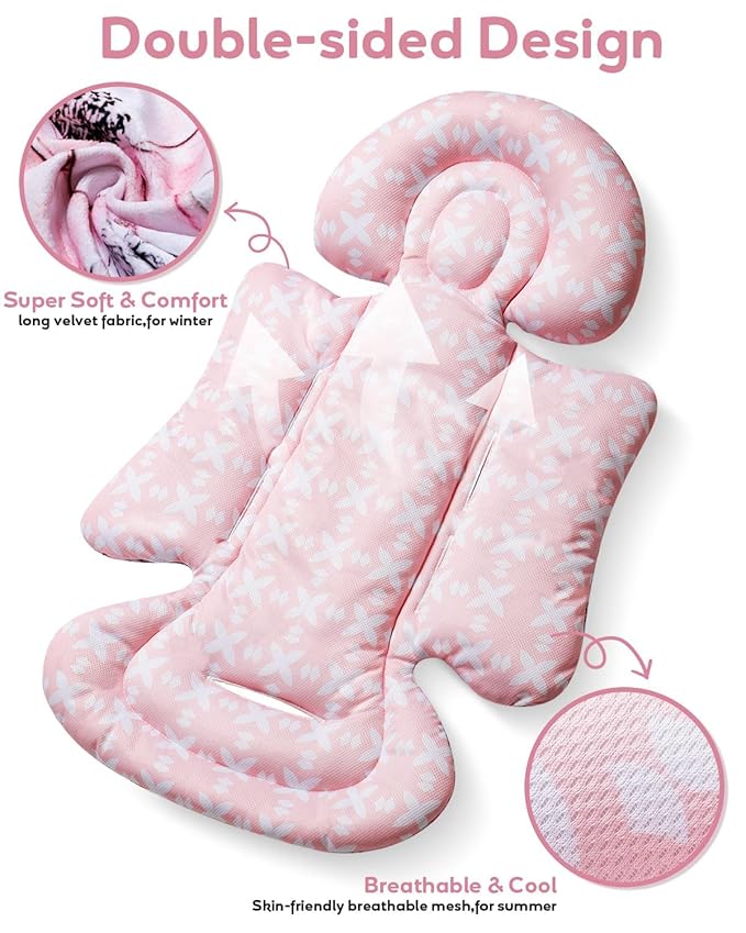Infant Car Seat Insert, Enlarged Head Support for Baby Carseat, Reversible Newborn Insert with 3 Strap Covers, 2-in-1 Baby Car Seat Cushion for Stroller, Swing, Bouncer, Rocker - Pink Floral