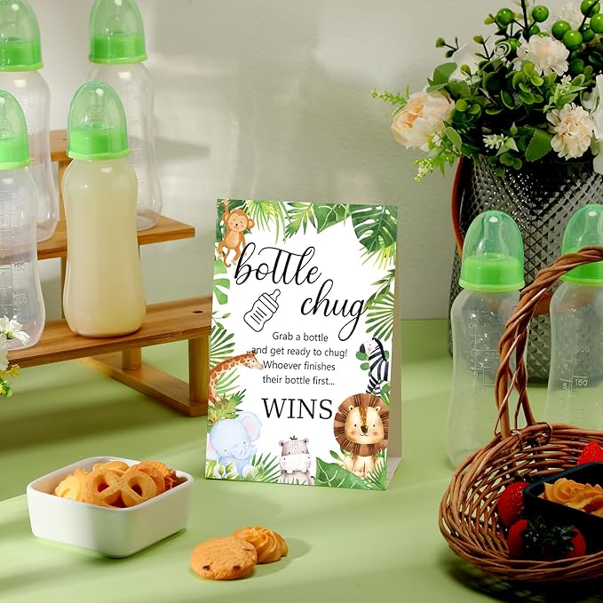 TrelaCo Cool Baby Shower Games Sets 12 Pcs Feeding Bottles with 1 Bottle Chug Sign for Gender Reveal Baby Shower Party Favors Decoration Games(Forest,Light Green)