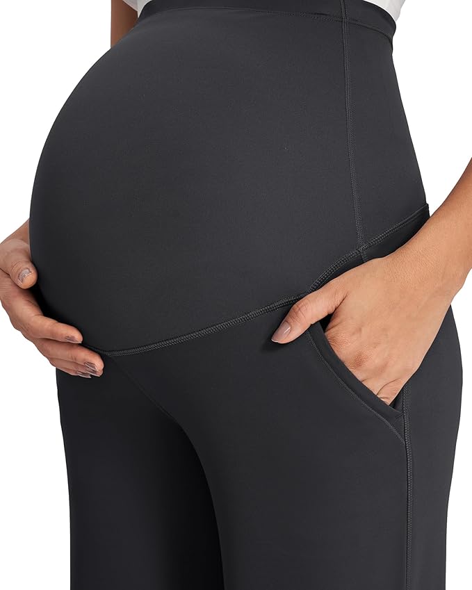 G4Free Fleece Lined Maternity Yoga Pants Over The Belly Stretchy Wide Leg Warm Pregnancy Work Trousers with Pockets