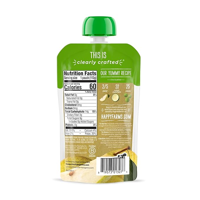 Happy Baby Organics Stage 2 Baby Food Pouches, Gluten Free, Vegan & Healthy Snack, Clearly Crafted Fruit & Veggie Puree, Pears, Zucchini & Peas, 4 Ounces (Pack of 16)