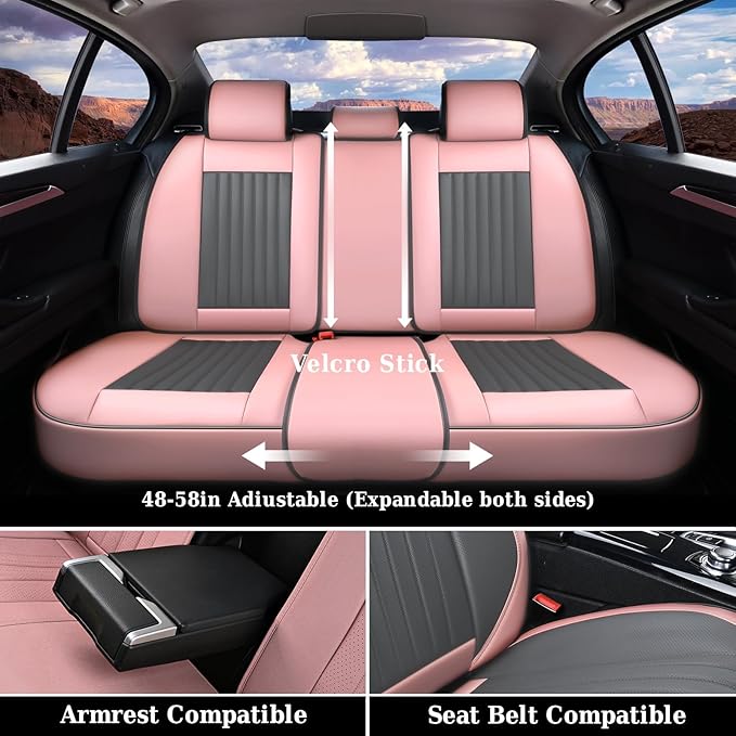 Coverado Car Seat Covers Full Set, Nappa Leather Seat Covers for Cars, Waterproof Car Seat Covers Front Seats and Back, Automotive Car Seat Protector Car Seat Cushion Fit for Most Cars (Pink&Grey)