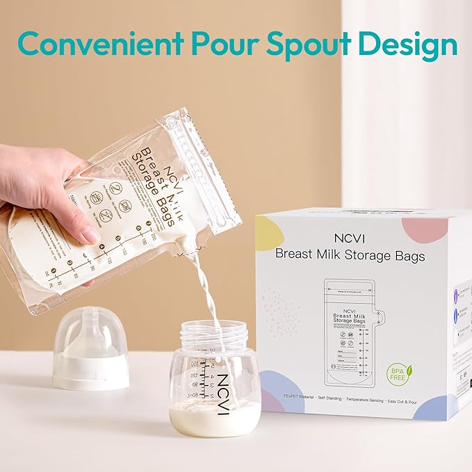 NCVI Breastmilk Storage Bags, 90 Count Milk Storage Bags for Breastfeeding, 7oz Breast Milk Storage Bags with Temp-Sensing, Doubled-Sealed, Hygienically, Self Standing, Easy Pour Spout, BPA Free