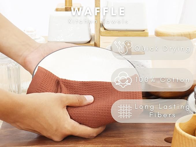 PurpleEssences Rust Waffle Weave Kitchen Towel, 100% Cotton - 15 x 25 Inches, with Hanging Loop Ultra Soft Absorbent Quick Drying Dish Cloth, Tea and Hand Towels, 4 Pack - Fall Thanksgiving - Rust