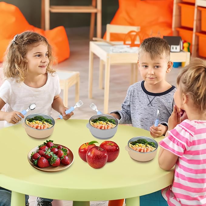 2 Pack Stainless Steel Baby Bowls with Removable Non-Slip Silicone Suction Shell and Lids, Anti Scald Food Container for Baby Food Feeding-Gray & Cream