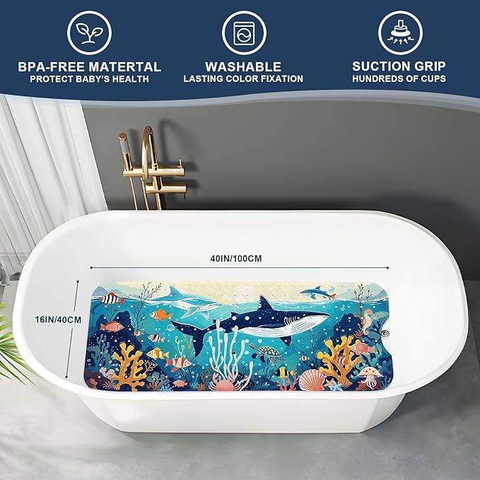 XIYUNTE Baby Bath Mat for Tub Non Slip Kids Bath Mat - 40"x16" Extra Long Bathtub Mat Non Slip Kids, Eco-Friendly Toddler Bath Mats with Suction Cups for Secure Grip, Easy to Clean & Easy Drying