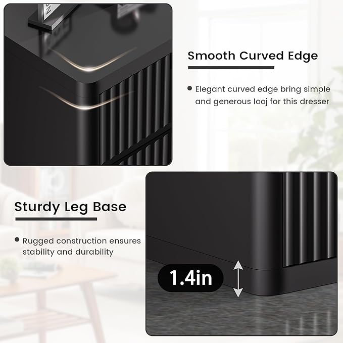 Black Dresser for Bedroom, 8 Drawers Double Fluted Dressers, Modern Chest of Drawers with Curved Profile, Handleless, Storage Closet Dressers for Bedroom, Living Room, Entryways, Natural