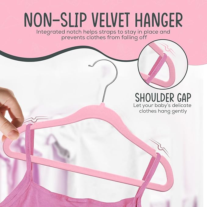 25 Premium Baby Velvet Hangers - 11.8 Inches Non-Slip & Ultra-Slim Baby Hangers for Space-Saving & Children Clothes - 360 Swivel Hook, Strong & Durable Infant & Toddler Clothes Hanger - Pink