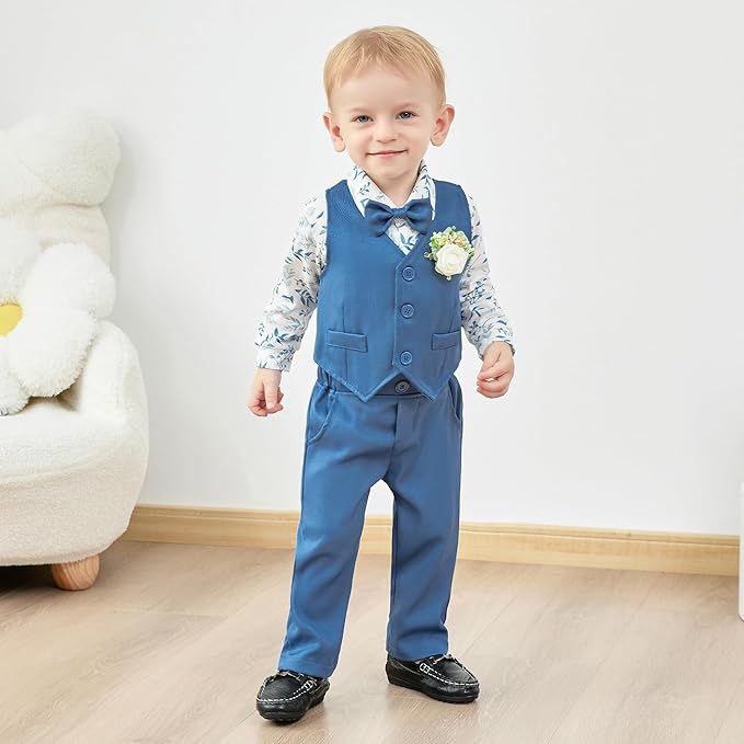 SANMIO Baby Boy Clothes Suits Infant Gentleman Outfit Collared Dress Shirt+Vest+Tie+Corsage+Pants 5Pcs Baby Suit Sets