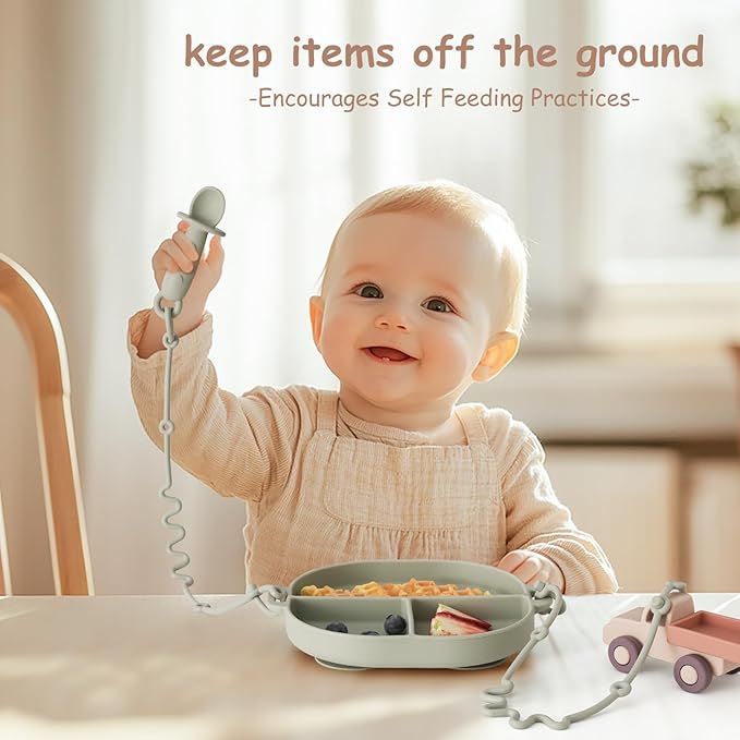 Baby Plates with Suction Silicone Baby Spoons Divided Baby Plates Silicone Baby Safety Toy Straps Baby Bottle Bungees Baby Feeding Set All-in-one-Brown