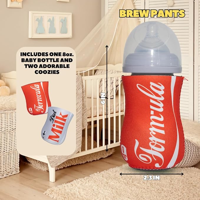 Soft Drink Themed Coozies for Baby Bottles - Funny Gift for New Parents & Baby Showers - (2 Premium Designed Neoprene Coozies + BPA/Lead/Phthalate Free Bottle Included)