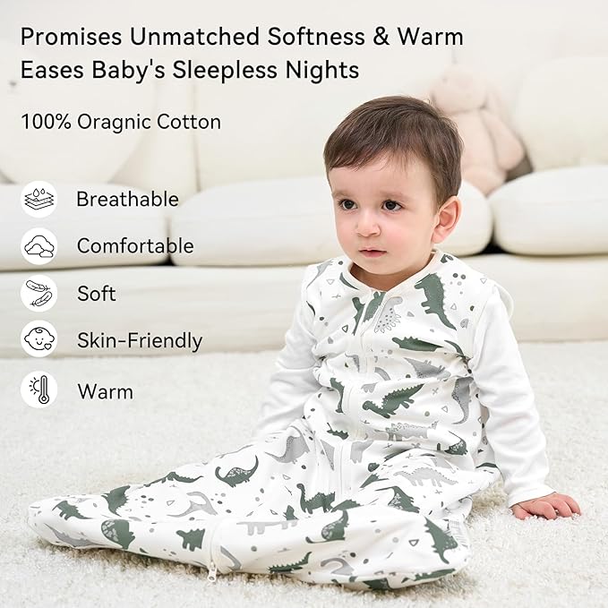 Baby Sleep Sack 0-6 Months 1.0 Tog Baby Wearable Blanket 100% Cotton Sleeping Sack with 2-Way Zipper for Infant Newborn Gray White Dinosaur