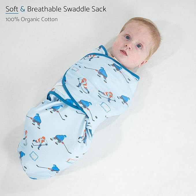 LollyBanks Baby Swaddle, 100% Organic Cotton Newborn Boy Swaddle Sack 0-3 Months, Newborn Baby Swaddle Blanket Wrap with Easy Change Zipper, Baby Registry Must Haves (Ice Hockey)