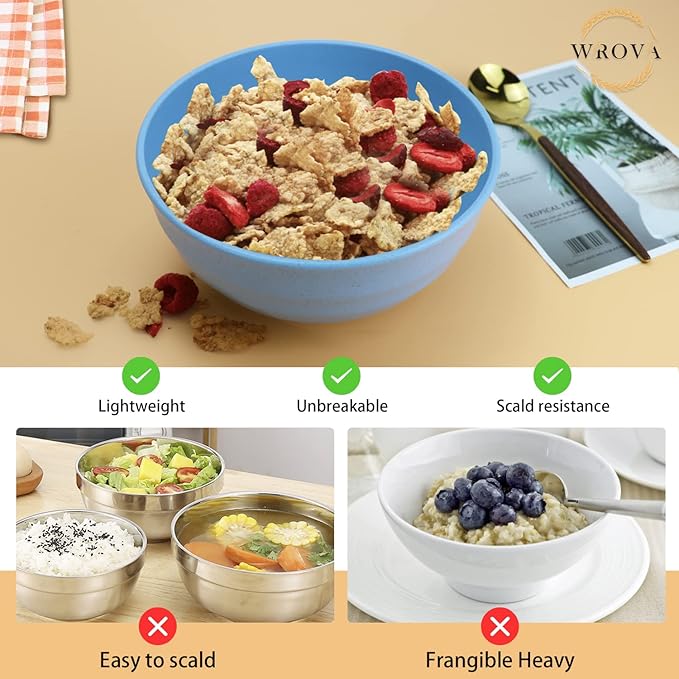 Wheat Straw Bowls Set 60 OZ Unbreakable Large Cereal Set of 6 - Microwave and Dishwasher Safe, Big for Camping and Party - BPA Free Soup Bowl for Serving Oatmeal and Salad - 6 Colors