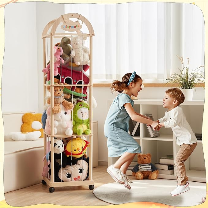 Large Stuffed Animal Storage Organizer, 61" High Premium Wooden Cute Zoo Toy Holder for Toddler Rooms, Playrooms & Bedrooms